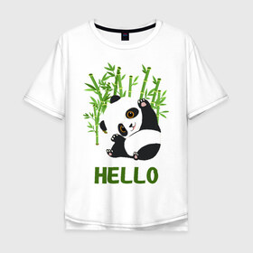 Мужская футболка хлопок Oversize с принтом Panda Hello в Кировске, 100% хлопок | свободный крой, круглый ворот, “спинка” длиннее передней части | Тематика изображения на принте: panda hello | животные | панда | панды | привет