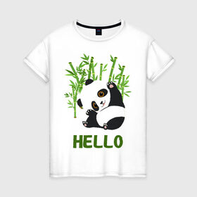 Женская футболка хлопок с принтом Panda Hello в Кировске, 100% хлопок | прямой крой, круглый вырез горловины, длина до линии бедер, слегка спущенное плечо | panda hello | животные | панда | панды | привет