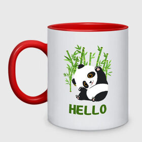 Кружка двухцветная с принтом Panda Hello в Кировске, керамика | объем — 330 мл, диаметр — 80 мм. Цветная ручка и кайма сверху, в некоторых цветах — вся внутренняя часть | Тематика изображения на принте: panda hello | животные | панда | панды | привет