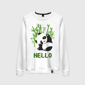 Женский свитшот хлопок с принтом Panda Hello в Кировске, 100% хлопок | прямой крой, круглый вырез, на манжетах и по низу широкая трикотажная резинка  | Тематика изображения на принте: panda hello | животные | панда | панды | привет