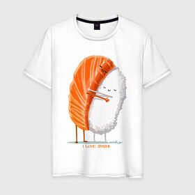 Мужская футболка хлопок с принтом Я люблю суши в Кировске, 100% хлопок | прямой крой, круглый вырез горловины, длина до линии бедер, слегка спущенное плечо. | еда | рис | рыба | суши