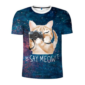 Мужская футболка 3D спортивная с принтом Say Meow в Кировске, 100% полиэстер с улучшенными характеристиками | приталенный силуэт, круглая горловина, широкие плечи, сужается к линии бедра | meow | кот | котенок | котик | котики | котятка | кошка | мяу | скажи мяу | фотоаппарат | фотограф