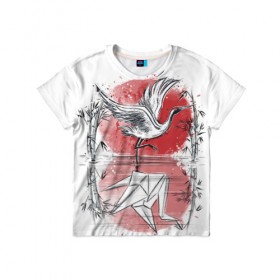 Детская футболка 3D с принтом Японская мечта в Кировске, 100% гипоаллергенный полиэфир | прямой крой, круглый вырез горловины, длина до линии бедер, чуть спущенное плечо, ткань немного тянется | bird | crane | japan | sakura | tradition | travel | журавль | птица | путешествие | сакура | традиция | япония