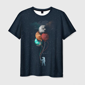 Мужская футболка 3D с принтом Космонавт с Планетами в Кировске, 100% полиэфир | прямой крой, круглый вырез горловины, длина до линии бедер | astronaut | cosmonaut | nasa | planet | stars | астронавт | в космосе | галактика | космонавт | космос | планеты | с шариками | шарики
