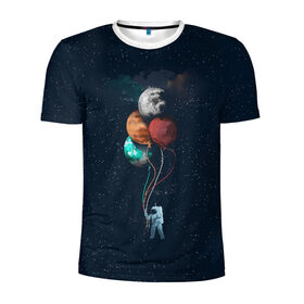 Мужская футболка 3D спортивная с принтом Космонавт с Планетами в Кировске, 100% полиэстер с улучшенными характеристиками | приталенный силуэт, круглая горловина, широкие плечи, сужается к линии бедра | astronaut | cosmonaut | nasa | planet | stars | астронавт | в космосе | галактика | космонавт | космос | планеты | с шариками | шарики