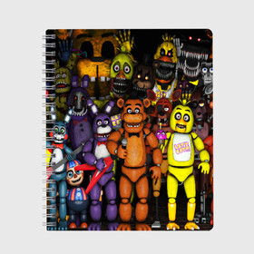 Тетрадь с принтом FIVE NIGHTS AT FREDDY S в Кировске, 100% бумага | 48 листов, плотность листов — 60 г/м2, плотность картонной обложки — 250 г/м2. Листы скреплены сбоку удобной пружинной спиралью. Уголки страниц и обложки скругленные. Цвет линий — светло-серый
 | 5 ночей с фредди | animation | bonnie | chica | five nights at freddys | fnaf | foxy | freddy | funny | horror | scary | бонни | майк | пять | ужас | фнаф | фокси | фредди | чика | шмидт