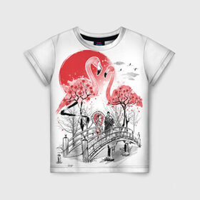 Детская футболка 3D с принтом Сад Фламинго в Кировске, 100% гипоаллергенный полиэфир | прямой крой, круглый вырез горловины, длина до линии бедер, чуть спущенное плечо, ткань немного тянется | bridge | flamingo | garden | geisha | japan | pink | sakura | samurai | tradition | мост | розовый | сад | сакура | самурай | традиция | фламинго | япония