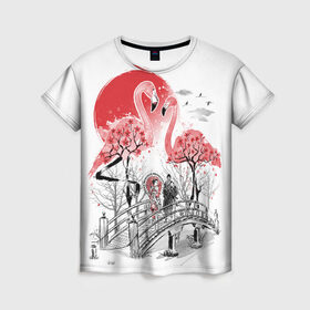 Женская футболка 3D с принтом Сад Фламинго в Кировске, 100% полиэфир ( синтетическое хлопкоподобное полотно) | прямой крой, круглый вырез горловины, длина до линии бедер | bridge | flamingo | garden | geisha | japan | pink | sakura | samurai | tradition | мост | розовый | сад | сакура | самурай | традиция | фламинго | япония