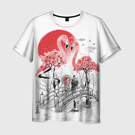 Мужская футболка 3D с принтом Сад Фламинго в Кировске, 100% полиэфир | прямой крой, круглый вырез горловины, длина до линии бедер | Тематика изображения на принте: bridge | flamingo | garden | geisha | japan | pink | sakura | samurai | tradition | мост | розовый | сад | сакура | самурай | традиция | фламинго | япония