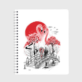 Тетрадь с принтом Сад Фламинго в Кировске, 100% бумага | 48 листов, плотность листов — 60 г/м2, плотность картонной обложки — 250 г/м2. Листы скреплены сбоку удобной пружинной спиралью. Уголки страниц и обложки скругленные. Цвет линий — светло-серый
 | bridge | flamingo | garden | geisha | japan | pink | sakura | samurai | tradition | мост | розовый | сад | сакура | самурай | традиция | фламинго | япония