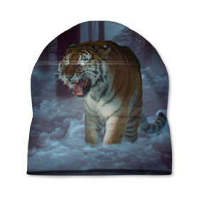 Шапка 3D с принтом ТИГР В СУМЕРЕЧНОМ ЛЕСУ в Кировске, 100% полиэстер | универсальный размер, печать по всей поверхности изделия | Тематика изображения на принте: tiger | в лесу | дикая | кошка | лес | природа | тигр | тигренок | тигрица | тигры