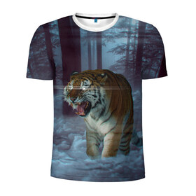 Мужская футболка 3D спортивная с принтом ТИГР В СУМЕРЕЧНОМ ЛЕСУ в Кировске, 100% полиэстер с улучшенными характеристиками | приталенный силуэт, круглая горловина, широкие плечи, сужается к линии бедра | Тематика изображения на принте: tiger | в лесу | дикая | кошка | лес | природа | тигр | тигренок | тигрица | тигры