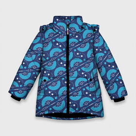 Зимняя куртка для девочек 3D с принтом Fire performer pattern blue в Кировске, ткань верха — 100% полиэстер; подклад — 100% полиэстер, утеплитель — 100% полиэстер. | длина ниже бедра, удлиненная спинка, воротник стойка и отстегивающийся капюшон. Есть боковые карманы с листочкой на кнопках, утяжки по низу изделия и внутренний карман на молнии. 

Предусмотрены светоотражающий принт на спинке, радужный светоотражающий элемент на пуллере молнии и на резинке для утяжки. | double staff | fan | fire fans | fire show | flow art | poi | spin | веера | дабл стафф | даблы | жонглер | пои | спиннер | фаер шоу | фаерщик