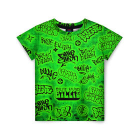 Детская футболка 3D с принтом Billie Eilish Graffiti glow в Кировске, 100% гипоаллергенный полиэфир | прямой крой, круглый вырез горловины, длина до линии бедер, чуть спущенное плечо, ткань немного тянется | billie | eilish | glow | graffiti | grunge | айлиш | билли | граффити | кислота | татуировки