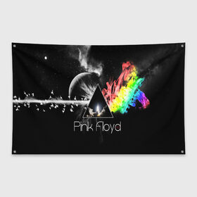 Флаг-баннер с принтом PINK FLOYD в Кировске, 100% полиэстер | размер 67 х 109 см, плотность ткани — 95 г/м2; по краям флага есть четыре люверса для крепления | music | pink floyd | the dark side of the moon | космос | луна | музыка | пинк флойд | призма | рок | треугольник | триангулярная призма