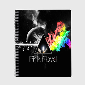 Тетрадь с принтом PINK FLOYD в Кировске, 100% бумага | 48 листов, плотность листов — 60 г/м2, плотность картонной обложки — 250 г/м2. Листы скреплены сбоку удобной пружинной спиралью. Уголки страниц и обложки скругленные. Цвет линий — светло-серый
 | Тематика изображения на принте: music | pink floyd | the dark side of the moon | космос | луна | музыка | пинк флойд | призма | рок | треугольник | триангулярная призма