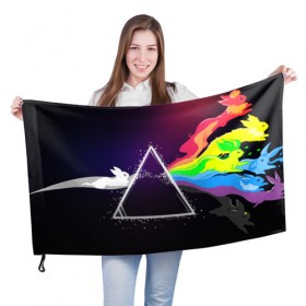 Флаг 3D с принтом PINK FLOYD в Кировске, 100% полиэстер | плотность ткани — 95 г/м2, размер — 67 х 109 см. Принт наносится с одной стороны | music | pink floyd | the dark side of the moon | космос | луна | музыка | пинк флойд | призма | рок | треугольник | триангулярная призма