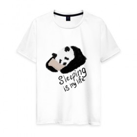 Мужская футболка хлопок с принтом Спящая Панда в Кировске, 100% хлопок | прямой крой, круглый вырез горловины, длина до линии бедер, слегка спущенное плечо. | sleeping is my life | панда | сон | спать | спать это моя жизнь