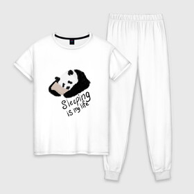 Женская пижама хлопок с принтом Спящая Панда в Кировске, 100% хлопок | брюки и футболка прямого кроя, без карманов, на брюках мягкая резинка на поясе и по низу штанин | sleeping is my life | панда | сон | спать | спать это моя жизнь
