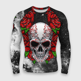 Мужской рашгард 3D с принтом Skull and Roses в Кировске,  |  | flowers | muertos | roses | skull | space | tribal | звезды | космос | лепестки | муэртос | розы | трайбл | цветы | череп