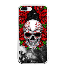 Чехол для iPhone 7Plus/8 Plus матовый с принтом Skull and Roses в Кировске, Силикон | Область печати: задняя сторона чехла, без боковых панелей | Тематика изображения на принте: flowers | muertos | roses | skull | space | tribal | звезды | космос | лепестки | муэртос | розы | трайбл | цветы | череп