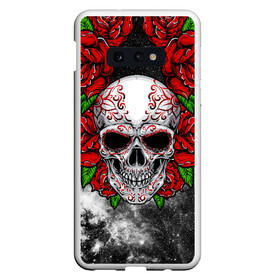 Чехол для Samsung S10E с принтом Skull and Roses в Кировске, Силикон | Область печати: задняя сторона чехла, без боковых панелей | Тематика изображения на принте: flowers | muertos | roses | skull | space | tribal | звезды | космос | лепестки | муэртос | розы | трайбл | цветы | череп