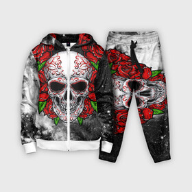 Детский костюм 3D с принтом Skull and Roses в Кировске,  |  | flowers | muertos | roses | skull | space | tribal | звезды | космос | лепестки | муэртос | розы | трайбл | цветы | череп