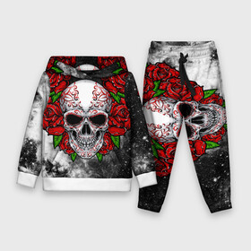 Детский костюм 3D (с толстовкой) с принтом Skull and Roses в Кировске,  |  | flowers | muertos | roses | skull | space | tribal | звезды | космос | лепестки | муэртос | розы | трайбл | цветы | череп