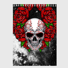 Скетчбук с принтом Skull and Roses в Кировске, 100% бумага
 | 48 листов, плотность листов — 100 г/м2, плотность картонной обложки — 250 г/м2. Листы скреплены сверху удобной пружинной спиралью | Тематика изображения на принте: flowers | muertos | roses | skull | space | tribal | звезды | космос | лепестки | муэртос | розы | трайбл | цветы | череп