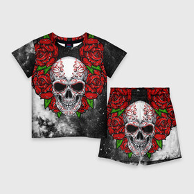 Детский костюм с шортами 3D с принтом Skull and Roses в Кировске,  |  | flowers | muertos | roses | skull | space | tribal | звезды | космос | лепестки | муэртос | розы | трайбл | цветы | череп