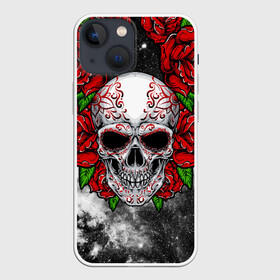 Чехол для iPhone 13 mini с принтом Skull and Roses в Кировске,  |  | Тематика изображения на принте: flowers | muertos | roses | skull | space | tribal | звезды | космос | лепестки | муэртос | розы | трайбл | цветы | череп