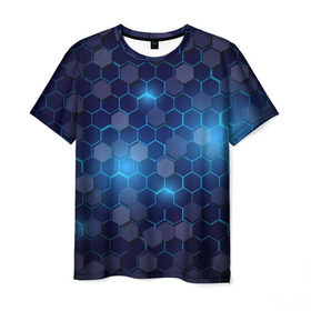 Мужская футболка 3D с принтом Синие соты в неоне в Кировске, 100% полиэфир | прямой крой, круглый вырез горловины, длина до линии бедер | Тематика изображения на принте: неон | неоновые соты | синие соты | соты
