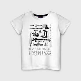 Детская футболка хлопок с принтом Моя любимая рыбалка в Кировске, 100% хлопок | круглый вырез горловины, полуприлегающий силуэт, длина до линии бедер | Тематика изображения на принте: cap | coil | fishing | fishing line | float | hook | pike | spinning | spoon | trout | wellingtons | блесна | катушка | крючок | леска | поплавок | рыбалка | сапоги | спиннинг | форель | шляпа | щука