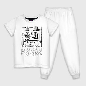 Детская пижама хлопок с принтом Моя любимая рыбалка в Кировске, 100% хлопок |  брюки и футболка прямого кроя, без карманов, на брюках мягкая резинка на поясе и по низу штанин
 | Тематика изображения на принте: cap | coil | fishing | fishing line | float | hook | pike | spinning | spoon | trout | wellingtons | блесна | катушка | крючок | леска | поплавок | рыбалка | сапоги | спиннинг | форель | шляпа | щука
