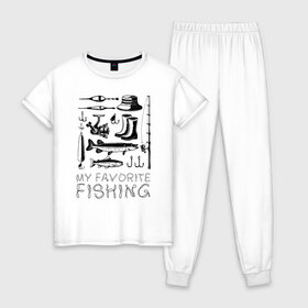 Женская пижама хлопок с принтом Моя любимая рыбалка в Кировске, 100% хлопок | брюки и футболка прямого кроя, без карманов, на брюках мягкая резинка на поясе и по низу штанин | cap | coil | fishing | fishing line | float | hook | pike | spinning | spoon | trout | wellingtons | блесна | катушка | крючок | леска | поплавок | рыбалка | сапоги | спиннинг | форель | шляпа | щука