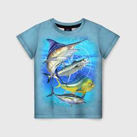 Детская футболка 3D с принтом Marlin and other fish в Кировске, 100% гипоаллергенный полиэфир | прямой крой, круглый вырез горловины, длина до линии бедер, чуть спущенное плечо, ткань немного тянется | рыба | рыбак | рыбалка | снасти | увлечение | улов | хобби