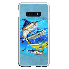 Чехол для Samsung S10E с принтом Marlin and other fish в Кировске, Силикон | Область печати: задняя сторона чехла, без боковых панелей | Тематика изображения на принте: рыба | рыбак | рыбалка | снасти | увлечение | улов | хобби