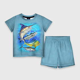 Детский костюм с шортами 3D с принтом Marlin and other fish в Кировске,  |  | Тематика изображения на принте: рыба | рыбак | рыбалка | снасти | увлечение | улов | хобби