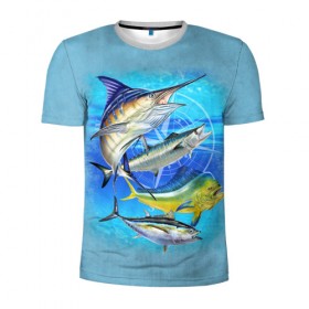 Мужская футболка 3D спортивная с принтом Marlin and other fish в Кировске, 100% полиэстер с улучшенными характеристиками | приталенный силуэт, круглая горловина, широкие плечи, сужается к линии бедра | Тематика изображения на принте: рыба | рыбак | рыбалка | снасти | увлечение | улов | хобби