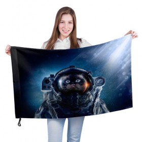 Флаг 3D с принтом Кот космонавт в Кировске, 100% полиэстер | плотность ткани — 95 г/м2, размер — 67 х 109 см. Принт наносится с одной стороны | nasa | вселенная | звезды | космонавт | космос | кот | котик | котяра | котята | кошка