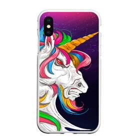 Чехол для iPhone XS Max матовый с принтом Angry Unicorn в Кировске, Силикон | Область печати: задняя сторона чехла, без боковых панелей | cosmos | hair | rainbow | stars | unicorn | волосы | глаза | единорог | злой | зубы | космос | лошадь | радуга