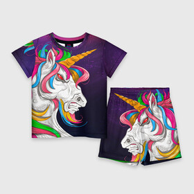Детский костюм с шортами 3D с принтом Angry Unicorn в Кировске,  |  | Тематика изображения на принте: cosmos | hair | rainbow | stars | unicorn | волосы | глаза | единорог | злой | зубы | космос | лошадь | радуга