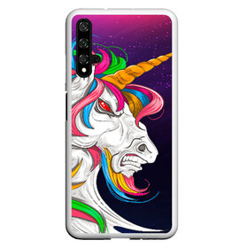 Чехол для Honor 20 с принтом Angry Unicorn в Кировске, Силикон | Область печати: задняя сторона чехла, без боковых панелей | cosmos | hair | rainbow | stars | unicorn | волосы | глаза | единорог | злой | зубы | космос | лошадь | радуга