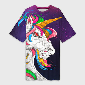 Платье-футболка 3D с принтом Angry Unicorn в Кировске,  |  | cosmos | hair | rainbow | stars | unicorn | волосы | глаза | единорог | злой | зубы | космос | лошадь | радуга