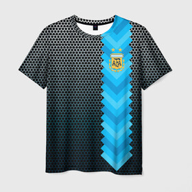 Мужская футболка 3D с принтом Аргентина форма  в Кировске, 100% полиэфир | прямой крой, круглый вырез горловины, длина до линии бедер | аргентина | атрибутика | бег | победа | поле | сборная | соты | спорт | узор | футбол