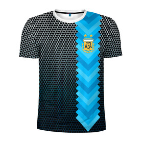 Мужская футболка 3D спортивная с принтом Аргентина форма  в Кировске, 100% полиэстер с улучшенными характеристиками | приталенный силуэт, круглая горловина, широкие плечи, сужается к линии бедра | аргентина | атрибутика | бег | победа | поле | сборная | соты | спорт | узор | футбол
