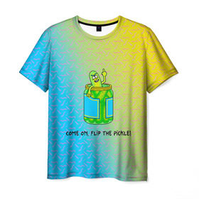 Мужская футболка 3D с принтом Pickle Rick в Кировске, 100% полиэфир | прямой крой, круглый вырез горловины, длина до линии бедер | Тематика изображения на принте: pickle | rick and morty | vdkovmar | банка | огурец | палец | прикол | рик и морти