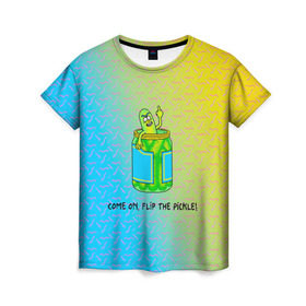 Женская футболка 3D с принтом Pickle Rick в Кировске, 100% полиэфир ( синтетическое хлопкоподобное полотно) | прямой крой, круглый вырез горловины, длина до линии бедер | pickle | rick and morty | vdkovmar | банка | огурец | палец | прикол | рик и морти