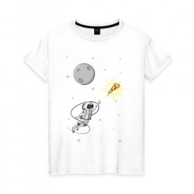 Женская футболка хлопок с принтом Пиццанавт в Кировске, 100% хлопок | прямой крой, круглый вырез горловины, длина до линии бедер, слегка спущенное плечо | астронавт | графика | еда | звезды | космонавт | космос | луна | пицца | рисунок