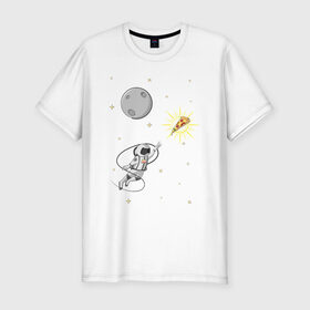 Мужская футболка премиум с принтом Пиццанавт в Кировске, 92% хлопок, 8% лайкра | приталенный силуэт, круглый вырез ворота, длина до линии бедра, короткий рукав | астронавт | графика | еда | звезды | космонавт | космос | луна | пицца | рисунок